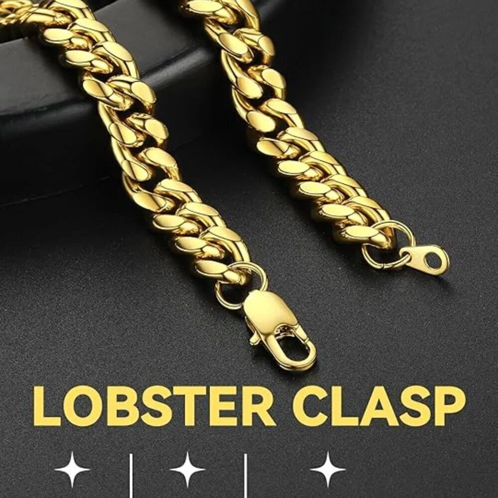Miami Cuban Link Chain Necklace for Men Stainless Gold-10mm Plated Hip Hop